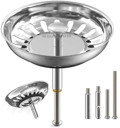 SURFOU Bonde evier Cuisine 79mm, Filtre Anti-Obstruction en Acier Inoxydable Bouchon évier Universel avec 2 Goujons Excentriques Réglables et 1 Goujon Acier INOX