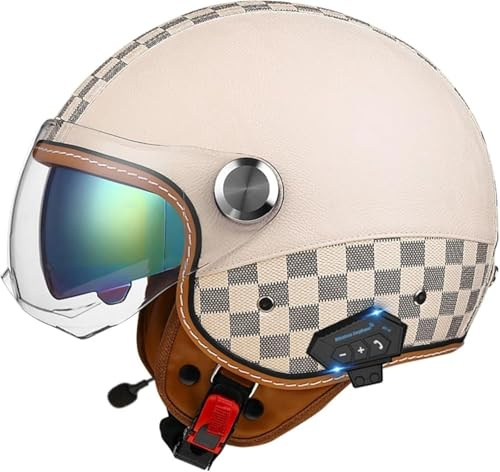 Casco Moto Retrò, Bluetooth Moto 3/4 Casco Auricolare E Microfono Integrati Con Visiera Parasole Retrattile Certificazione DOT/ECE Casco Jet Jet Per Adulti Uomini Donne