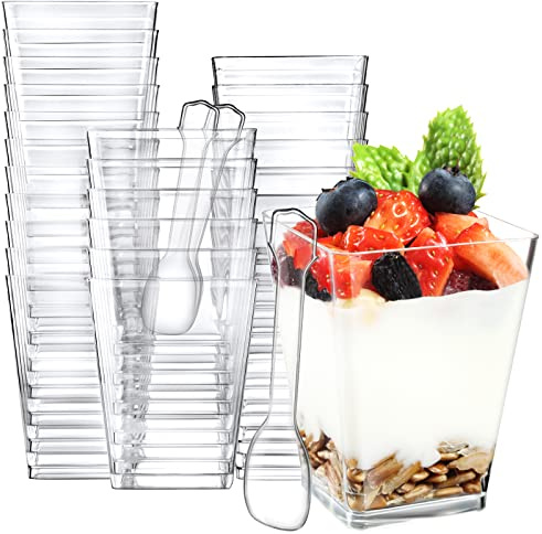 Eupako Desserttassen mit Löffel Set 25 Stück aus 160ml Wiederverwendbar | Quadratische Mini Parfait Becher, leicht zu reinigen, für DlY Desserts Obst Pudding Mousse Eiscreme Party Hochzeit