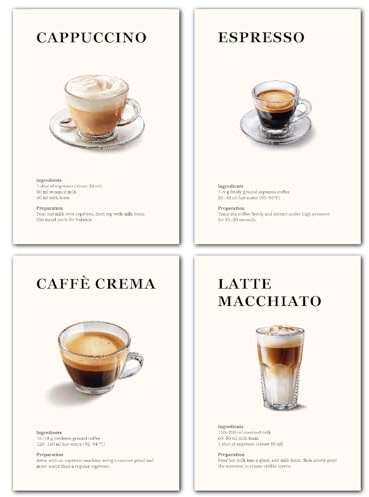 LAVEMA Kaffee Poster Set A4 (21x30cm) Bilder Küche Espresso Cappuccino Latte Macchiato Küchenbilder Barista Wanddeko Esszimmer Bilderwand Büro Küchendeko Wandbilder Wandposter ohne Bilderrahmen