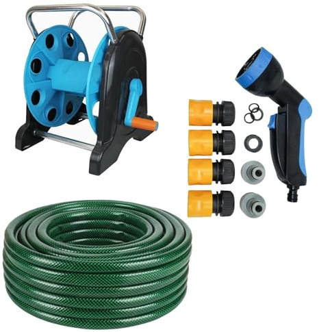 Dapetz ® 30M Garden Hose Pipe, Hose Reel Cart & Connectors Set Assembled: Reinforced Outdoor HOSEPIPE (1/2 inch) Diameter, Hose Reel Cart Sturdy Frame for General Use, Fittings Included