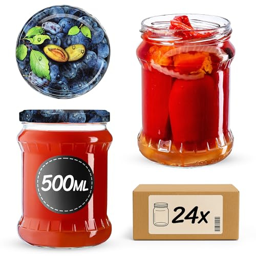 KADAX Set di 24 barattoli in Vetro 500ml Ø82 prugne – Tappo a Vite Twist-off ermetico, per Conserve, sottaceti, fermentazione e omogeneizzati