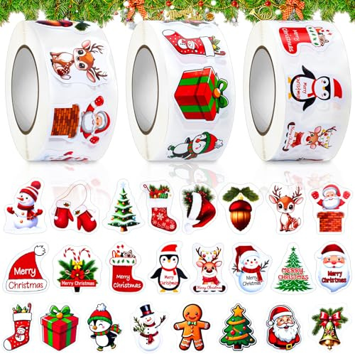 Kuvarix Aufkleber Weihnachten, 1500 Stück Weihnachtssticker mit 24 Stile, Weihnachtsaufkleber Selbstklebend, Geschenkaufkleber Weihnachten für Geschenkverpackung, Karten & Kreative Projekte