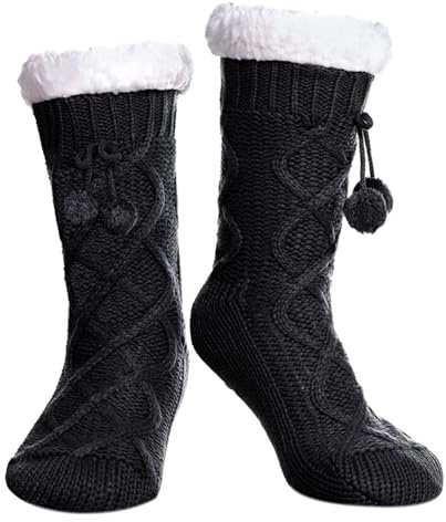 Classic Knit Slipper Socks for Women – Long Fleece-Lined Boot Socks, Non-Slip Cosy House Socks for Winter Warmth & Comfort (Black, Adult, Women, One Size, Alpha, UK Footwear Size System, Medium)