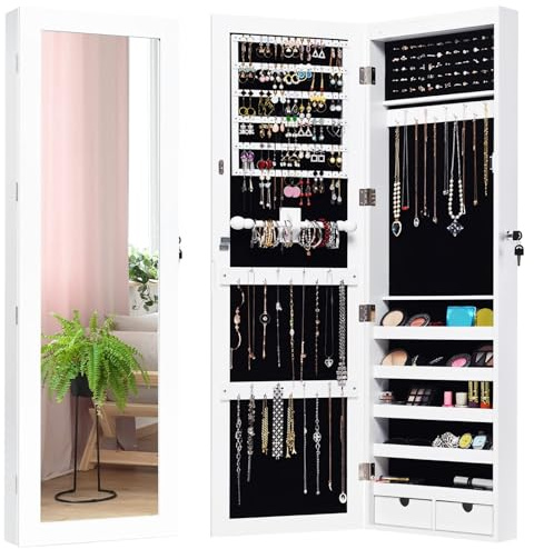 GOPLUS Armoire à Bijoux Mural avec Miroir en Plein Longueur, Armoire de Rangement Cosmétiques Verrouillable avec Lumière LED, Organisateur de Bijoux pour Femmes Filles, Blanc