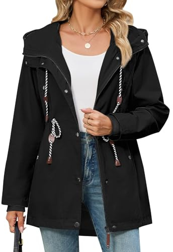 CMTOP Chaqueta Mujer Primavera Cazadora Ligero Algodón Parka Militar Elegante con Capucha Abrigo Práctica con Cordón Ajustable Chaquetas Informal de Verano(Negro, XXL)