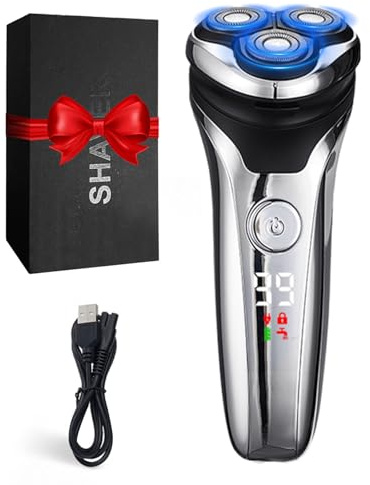 Rasoir Électrique Homme avec Écran LCD, Rasoir Électrique Sans Fil Rechargeable, IPX5 Étanche pour Rasage Sec et Humide, 3 Têtes Rotatives Double Piste, Tondeuse Pop-Up Intégrée, Peau Sensible(Argent)