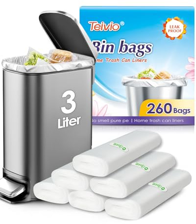 Teivio Bolsas de basura pequeñas de 3 l, 260 unidades, gruesas bolsas de plástico transparente para cubo de basura de pedal, apto para cubos de basura de 0,5 – 1 galón, ideal para baño, cocina