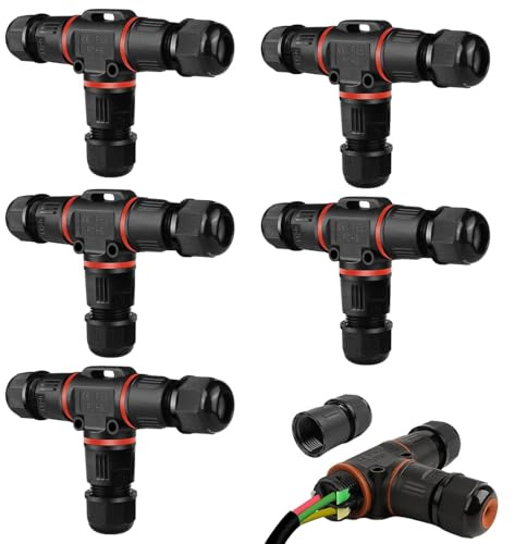 5Pack IP68 T-Shape Waterproof Junction Box Outdoor Cable Connector, 3-Way Wire Connectors Waterproof Cable Protector for Diameter Ø3-12 mm, for Outdoor Billboards, Road Landscape Lights
