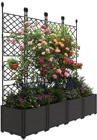 Garvee 4er Set Hochbeet mit Rankgitter – Pflanzkasten mit Metallgitter, Sichtschutz & vertikaler Garten – 168x160 cm, mit Drainagelöchern, ideal für Gemüse, Blumen & Kräuter auf Terrasse, Balkon &