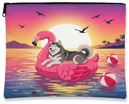 Funny Alaskan Malamutes Dog Makeup Bag, Flamingos Lifebuoys Sea Cosmetic Travel Pouch for Women Girls, Pet Portable Small Canvas Zipper Organizer 7x9 Inch