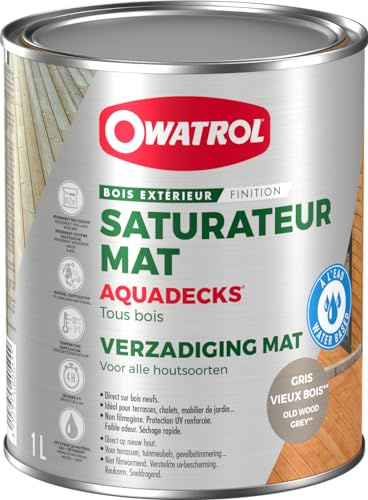 OWATROL - AQUADECKS - Saturateur Mat Bois Extérieur - Teinte Gris - 1L | Saturateur bois pour terrasses et bardages - Protège contre les UV et l'humidité - Finition mate naturelle et séchage rapide