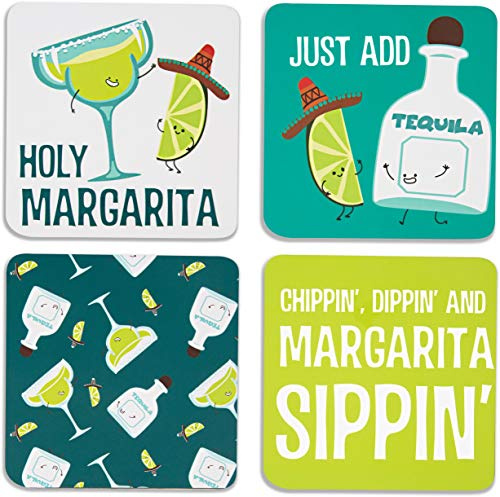 Pavilion - Margarita - 4 Piece Sentiment, Pattern and Character Coaster Set With Box Holder - 4 Inch