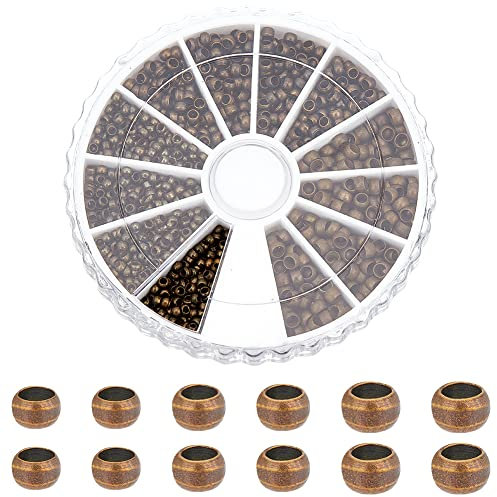 PandaHall About 2010pcs Crimpperlen aus Messing Abstandshalter Perlen 3 Größe Antik Bronze Perlen Quetschperlen Messingperlen für die Schmuckherstellung, Loch 1~2mm