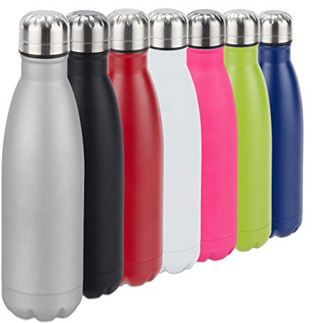 Relaxdays Trinkflasche Edelstahl, auslaufsicher, für Kalt- & Heißgetränke, Vakuum Isolierflasche 500 ml, Outdoor, silber, H x D: ca. 26,5 x 7 cm