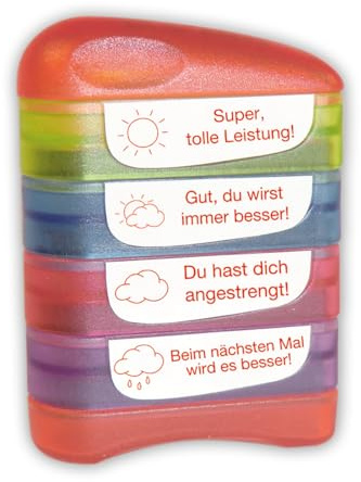 TimeTEX - Perpetuum Siebdruck-Stempel 4-in-1 Sonne und Wolken | Wiederbefüllbarer Lehrerstempel für die Schule | 40x10 mm | ca. 5000 Stempelabdrücke | Stempelfarbe: rot