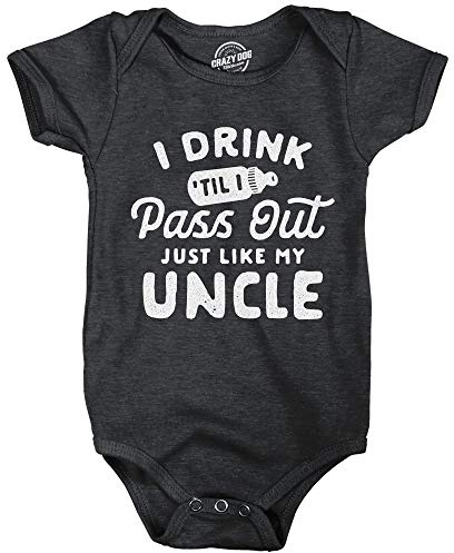 Crazy Dog T-Shirts Funny Baby Newborn Bodysuit – I Drink Til I Pass Out Just Like My Uncle Design – Soft Cotton Blend Comfort Clothes – Baby Boy Shower Gift Humor Outfit - Black 24 Months