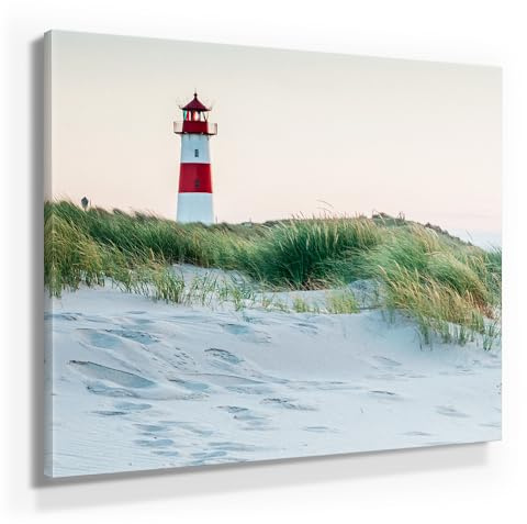 BilderKing Atemberaubendes Nordsee Leinwand-Bild 50x50cm, Motiv Leuchtturm Sylt. Ein einzigartiges Wandbild als Deko für Wohnzimmer, Schlafzimmer, Küche. Aufgespannt auf Holzrahmen