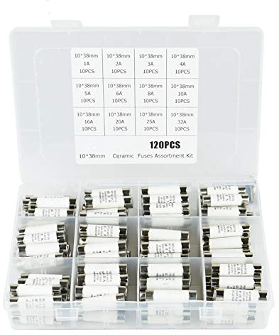 Sicherungen Sortiment, 120PCS 12 Werte Keramik-Sicherung Sortiertes Kit, 10x38mm 500V 1A 2A 3A 3A 4A 5A 6A 8A 10A 16A 20A 25A 32A Röhrensicherungen mit Kunststoffkiste (Color : 120PCS)