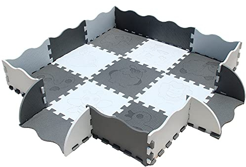 meiqicool Dalle Tapis Mousse Bebe Puzzle | Dalle Tapis Puzzle Mousse bébé | 9 pièces Animal carré et 12 Bords, 4 Coins, 116x116x1cm Blanc Gris AL