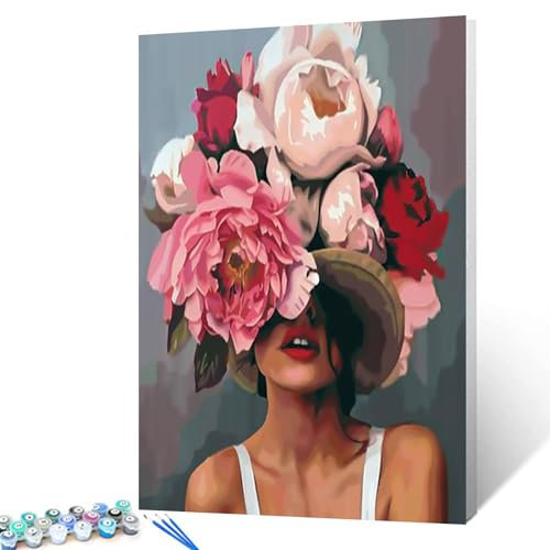 Tucocoo Mädchen mit Blumen auf Kopf, Malen nach Zahlen für Erwachsene, Modefigur, Dame, abstraktes Zeichnen, Öl, Malen nach Zahlen, Moderne, Damenkopf, Blume, Acryl-Ölgemälde-Set mit Rahmen