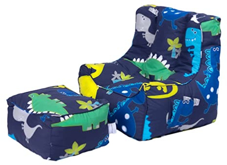 Ready Steady Bed Sitzsack mit Hocker für Kinder, weicher und sicherer Spielsitz für Kinder, ergonomisch gestalteter Sessel für Kleinkinder, bequeme Kindermöbel (dunkler Dinosaurier)