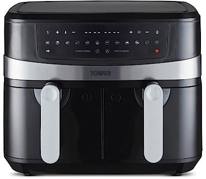 Tower T17088 Vortx Xpress Air Fryer - Oil Free Air Fryer - Dual Basket Electric Deep Fryer with Smart Finish Function, 2600W Power, 9L, Black