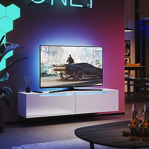 SUNXURY Meuble TV à LED suspendu - Blanc brillant - 140 x 35 x 30 cm