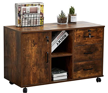 CLIPOP Rollcontainer abschließbar, 3 Schubladen + offenes Fach, 90*40*57 cm | Mobiler Aktenschrank Abschließbare,Für unter den Schreibtisch, Briefe & Ordner,Vintage Braun, mobil Büromöbel