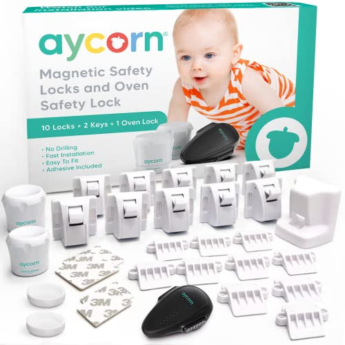 Aycorn Magnetisches Schrankschloss& Backofen Kindersicherung - Kindersicherung Schubladen & Schranksicherung Baby ohne Bohren - Einfache Montage, BONUS Video - 10 Schlösser, 2 Schlüssel, 1 Ofenschloss