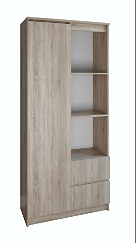 CDF Regal Bücherregal 80 cm modern mit 7 offenen Fächern Zwei Schubladen teils geschlossenen Bereichen stabile 16-mm Konstruktion für Wohnzimmer Büro Arbeitszimmer - Eiche Sonoma
