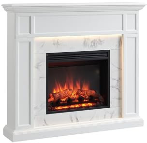 BALDERIA Elektrokamin Arthur | Elektrischer Standkamin mit 3D-Flammeneffekt | Elektro Heizung 2000W, LED-Beleuchtung | Kamin mit Fernbedienung, Timer & Thermostat | Weiß mit Marmorapplikationen