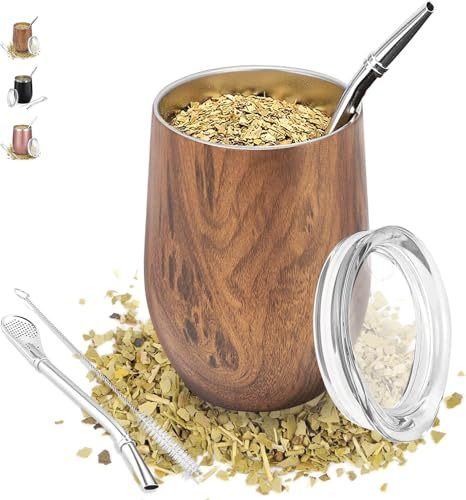 TELANKS Mate Becher 340 ml, 18/8 Edelstahl Doppelwandige Mate Tasse | Komplettes Mate Set mit Becher, Bombilla und Bürste – ideal für Yerba Mate Liebhaber und als Geschenk, Holz