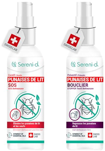 SERENI-D - KIT TRANQUILLITÉ - SOS ANTI PUNAISES DE LIT SUPER PUISSANT + SPRAY BOUCLIER RÉPULSIF HAUTEMENT EFFICACE - Traitement naturel à double efficacité curative et préventive - Swiss Lab