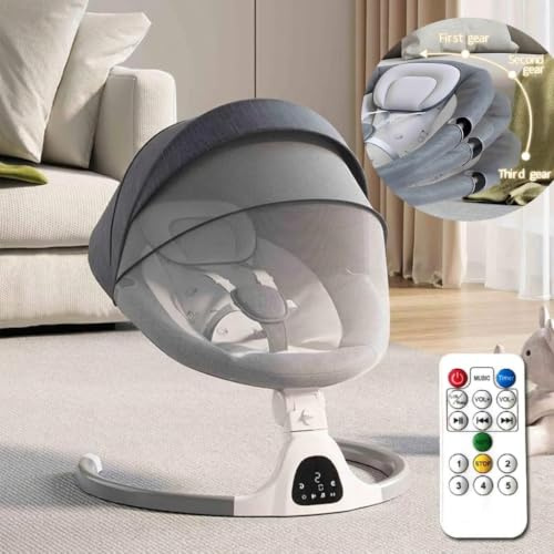 Justerbar höjd baby swings Bluetooth, 5 hastigheter musikhögtalare med 12 förinställda vaggvisor, fjärrkontroll inomhus baby gungbräda för 5–20 månader presentset för spädbarn (grå)