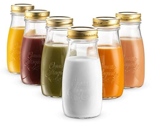 Bormioli Rocco Quattro Stagioni Bottles (Set of 6) - 13.5 Oz. Clear Glass with Twist Lids for Food Preserving, Beverage Serving, Homemade Gifts, Sauces & Infused Drinks - Airtight, Made in Italy