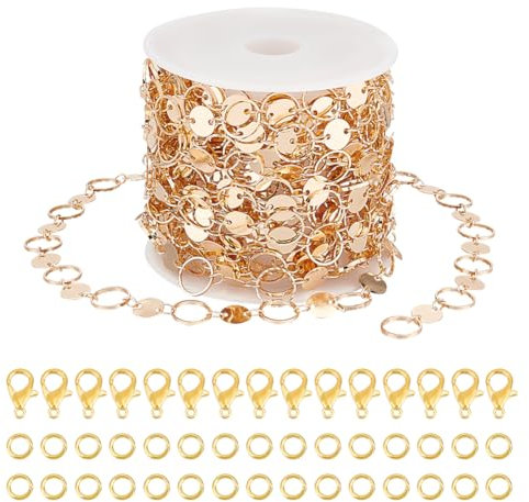 nbeads 5 m Goldene Messing-Schmuckkette, Flache Runde Und Ringförmige Kabelkette Mit Karabinerverschlüssen Und Biegeringen Für Schmuckherstellung von Halsketten Armbändern Fußkettchen