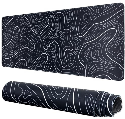 Gaming Mauspad Topographische Lange Mousepad Große 31.5 X 11.8 Zoll Schreibtischunterlage Matte mit rutschfester Basis genähte Rand Tastatur Matte für Büro Schreibtisch Unterlegmatte (Schwarz)