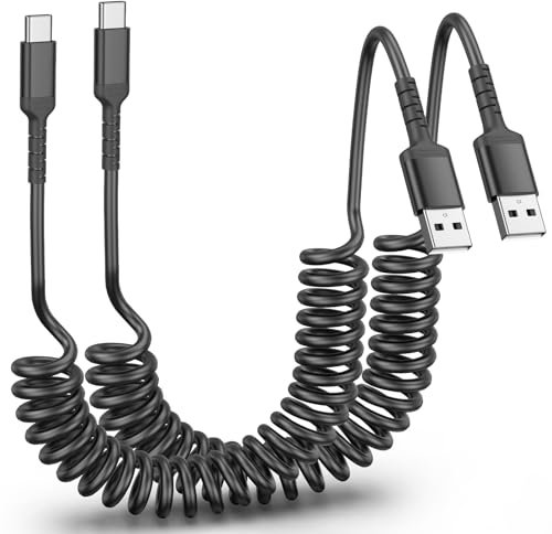 Coiled USB C Cable[0.3-1M, 2Pack], Type C Cable for Car USB A to USB-C Lead 3A Fast Charging Cord for Samsung Galaxy S24 S23 S22 S21 S20 S10 S9 S8 Plus Note 10 9 8, Google Pixel, Huawei