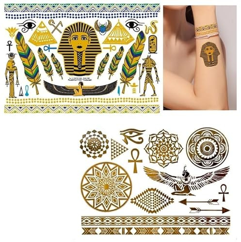 Lot de 2 feuilles de tatouages égyptiens Tatouage Doré métallisé Tatouage Faux Tatouage VT369 330b