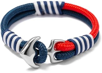 BTEYIVTA Anchor Rope Bracelet for Men, Handmade Nautical Bracelet with Stainless Steel Clasp, Durable Rope Wristband, Unique Choice for Men, Women, Teens & Couples (Blue Red, Large)