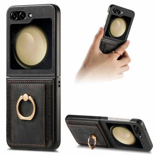 Knoowcase Étui portefeuille pour Samsung Galaxy Z Flip 6 - Antichoc - Avec anneau de support et fentes pour cartes - En cuir synthétique - Anti-chute - Béquille arrière - Noir