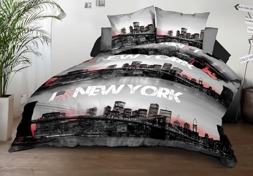 Housse de Couette 240x260 + 2 taies - Microfibre Douce et résistante - Entretien Facile - New-York, Noir