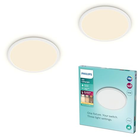 Philips LED Badezimmer Deckenleuchte Superslim (18 W), 3 Lichteinstellungen, warmweißes Licht, dimmen ohne Dimmer, IP44 Schutz, weiß, 30cm, 2er Pack