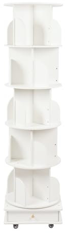 Dokiiovo Drehbares Bücherregal 5 Ebenen 360° Holzregal Organizer Standregal Eck-Bücherregal Lagerregal für Wohnzimmer Schlafzimmer Büro, multifunktionaler Bücherregal-Organizer (Weiß)