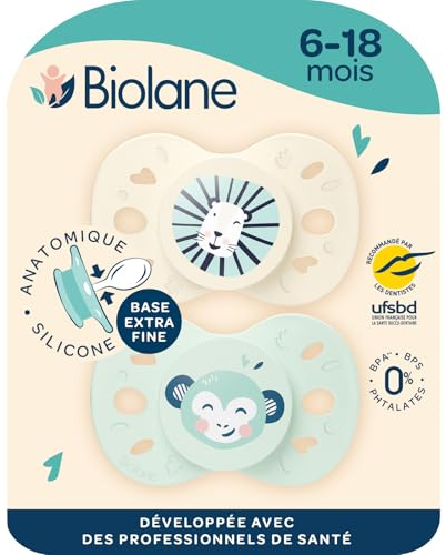 BIOLANE - Tétines anatomiques animaux - Sucettes extra-fines - 6 à 18 mois - Vert et Beige - Téterelle plate et réversible - Confort optimal- Respect du développement bucco-dentaire