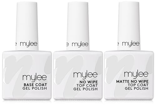 Mylee 3 st set gelnagellack matt topplack utan våtservetter baslack 3 x 10 ml UV/LED soak off manikyr pedikyr pedikyr hushåll lång livslängd lätt att applicera utan