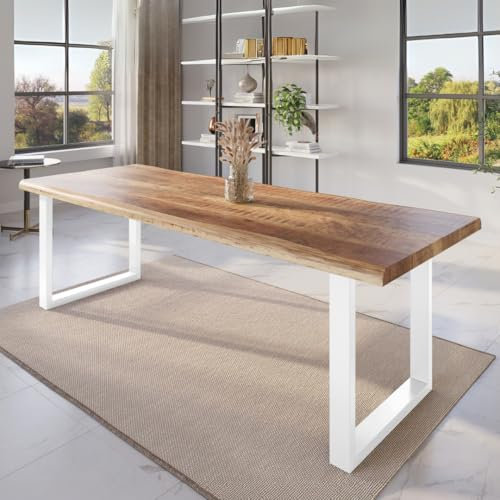 trelevo Esszimmertisch 300x100 cm, Mangoholz massiv, Tischplatte Natur/rau, echte Baumkante, U-Gestell weiß, Baumkantentisch