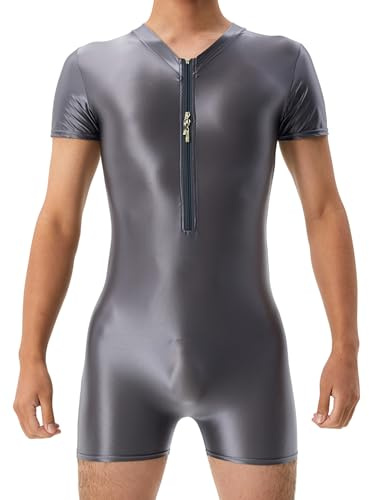 AIEOE Oljeglänsande kroppsdräkt för män, hög elastisk bodysuit oljeglänsande brottning, undertröjor, dragkedja framtill, trikåer, boxershorts, basplagg, kroppsdräkt i ett stycke för myskläder, Grå, M