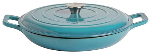 Argon Tableware 2.3L Shallow Cast Iron Casserole Dish with Self-Basting Lid - Teal Ombre - 2.3L & 4.68L Induction Hob Cooking 2.43QT Dutch Oven Bread Baking Serving Roasting Stew Stock Pot Pan